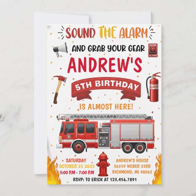 Convite Personal Modern Firetruck Birthday  (Frente)