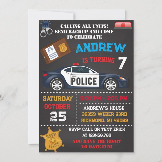 Convite Personal Modern Kids' Police Theme Birthday  (Frente)