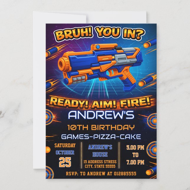 Convite Personal modern Nerf Birthday Party Invitation (Frente)