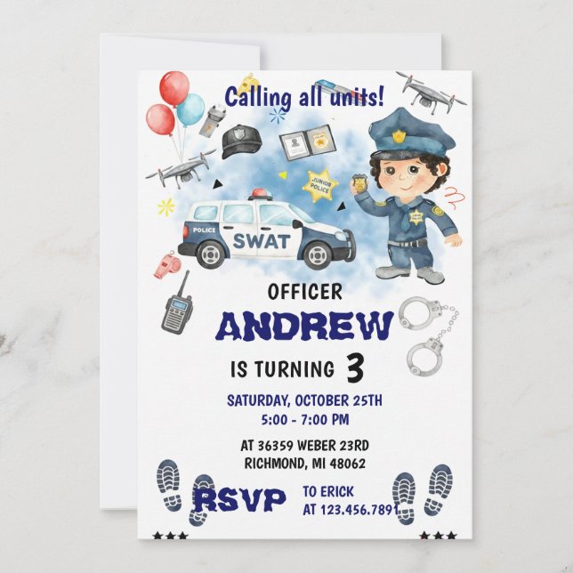 Convite Personal Modern Police Officer birthday Party  (Frente)