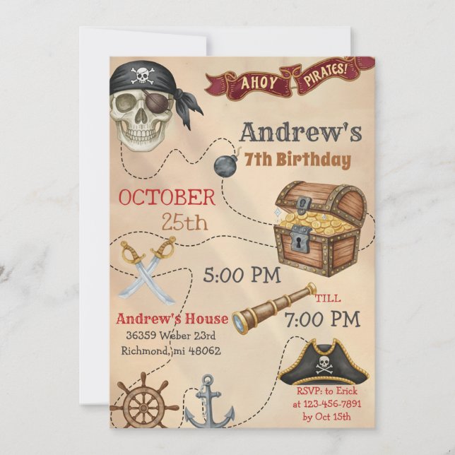 Convite Personal Pirate Birthday Party Invitation Card (Frente)