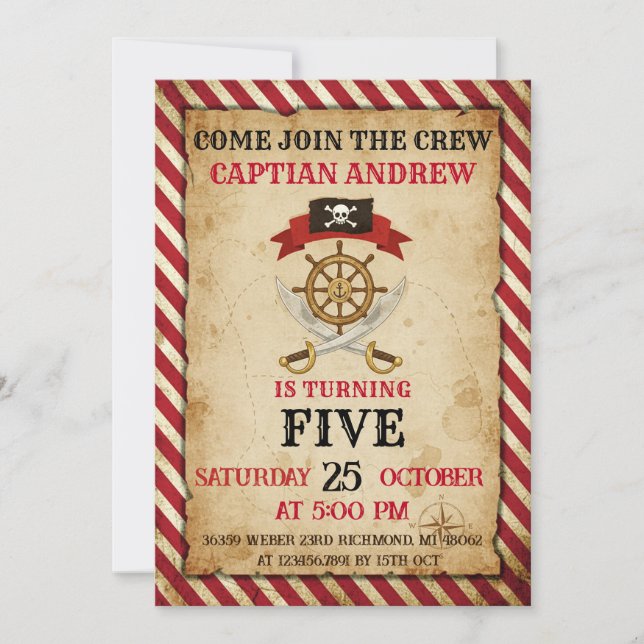 Convite Personal Pirate Birthday Party Invitation Card (Frente)