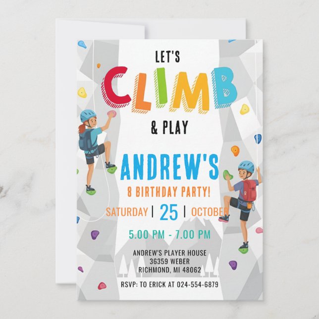 Convite Personal Rock Climbing Birthday Party Invitation (Frente)