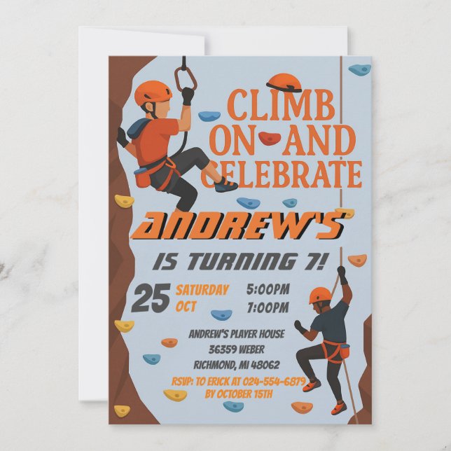 Convite Personal Rock Climbing Birthday Party Invitation (Frente)