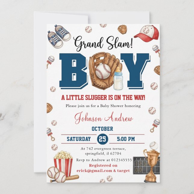Convite Personal Slumdunk Oh Boy Baseball Baby Shower (Frente)
