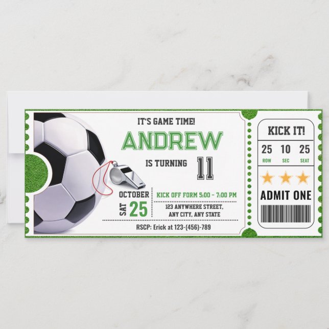 Convite Personal Soccer Game Ticket Party (Frente)