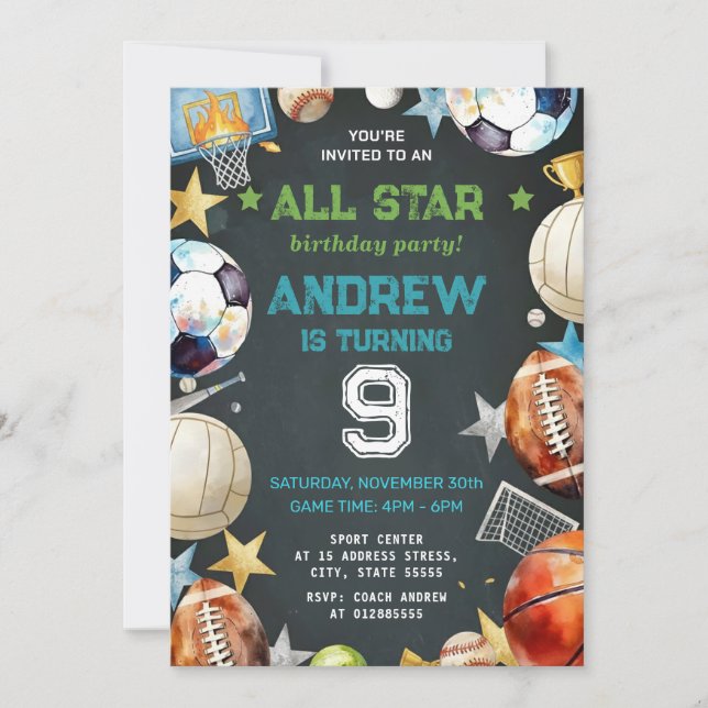 Convite Personal Sports Birthday Printable Invitation (Frente)