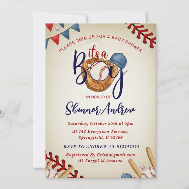 Convite Personal Vintage Baseball Baby Shower Bundle (Frente)