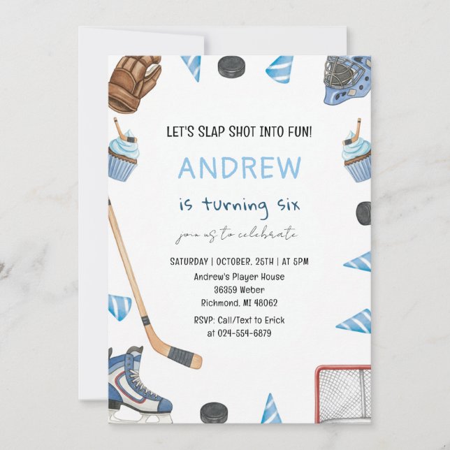 Convite Personal Watercolor Hockey Birthday Party (Frente)