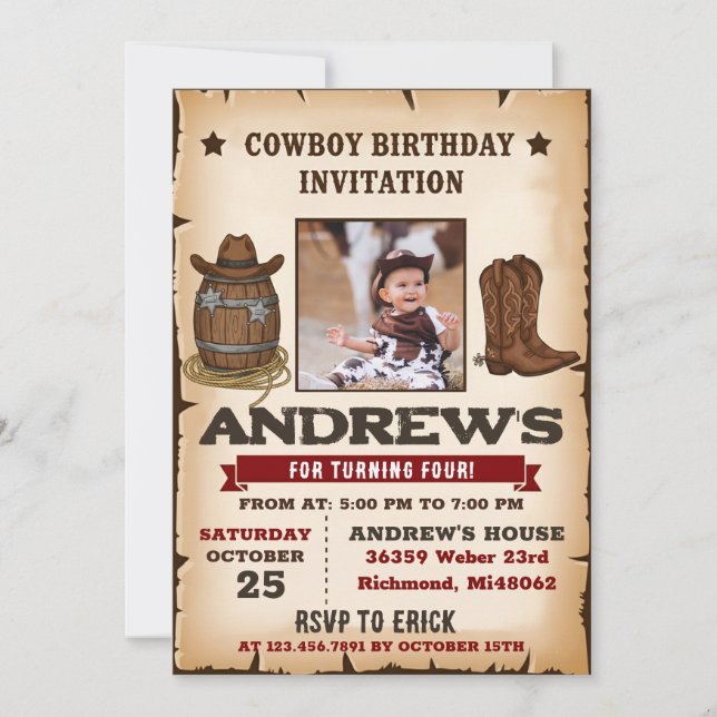 Convite Personal Western Wild West Cowboy Birthday Party (Frente)