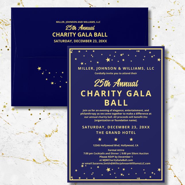 Convite Personalidade Dourada Elegante Azul de Bola de Car (Elegant Annual Charity Gala Ball Fundraiser Invitation in blue & gold. Also available with gold foil)