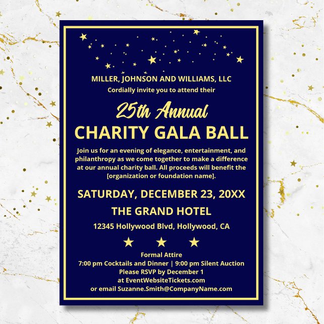 Convite Personalidade Dourada Elegante Azul de Bola de Car (Elevate your Charity Gala Ball with these elegant blue and gold invitations.)