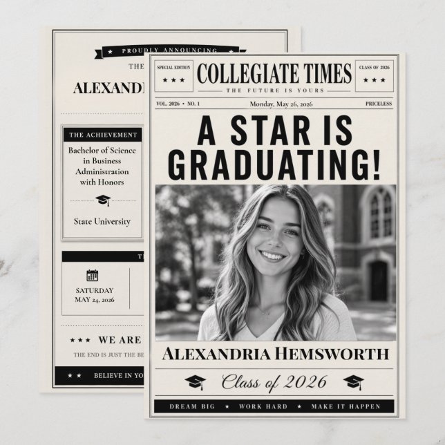Convite Personalised Newspaper Graduation Announcement (Frente/Verso)