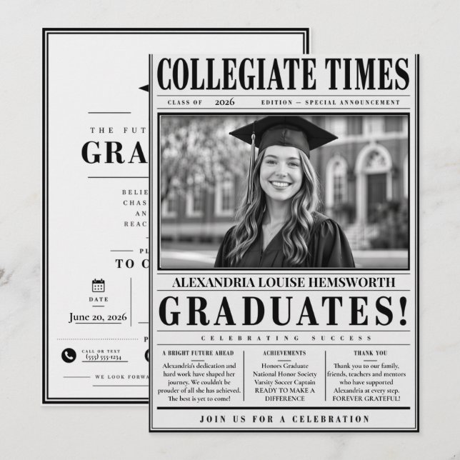 Convite Personalised Newspaper Graduation Invitation 2026 (Frente/Verso)