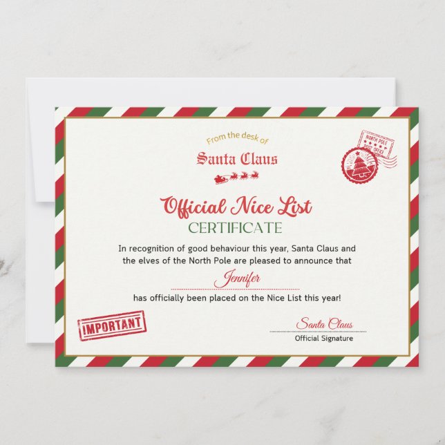 Convite Personalised Official Nice List Certificate Santa (Frente)
