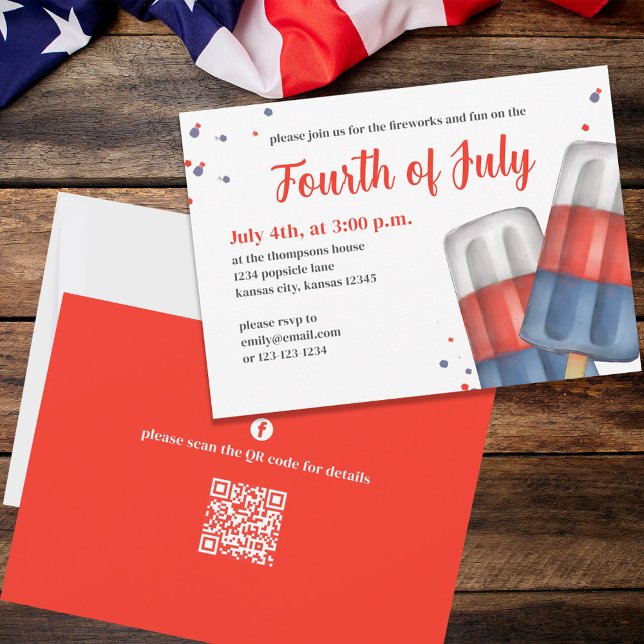 Convite Personalização da Festa de Verão de 4 de julho (Fourth of July party invitation with red, white, and blue popsicles. )