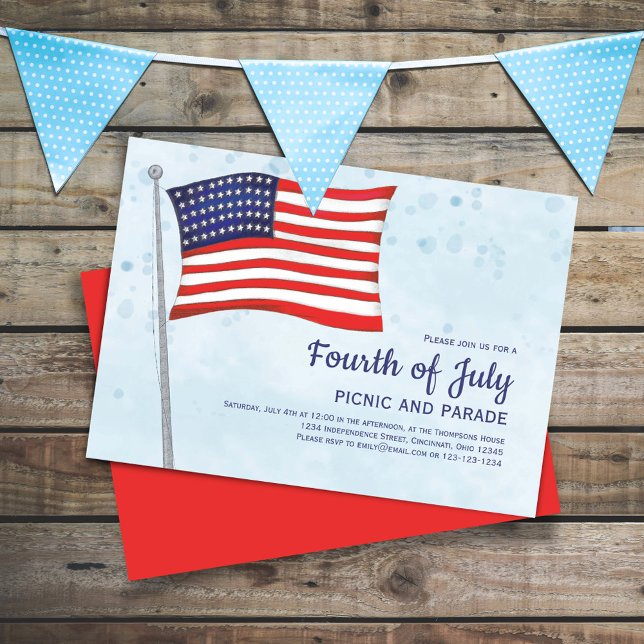 Convite Personalização do Sinalizador Azul e Branco em 4 d (Celebrate the Fourth of July in Style with this watercolor custom invitation. )