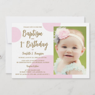 Convite Personalização Dourada de Foto Rosa Batismo do pri