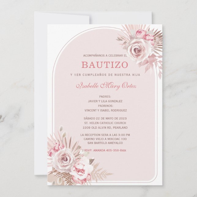 Convite Personalizada de Batizado para Menina com Flores R (Frente)