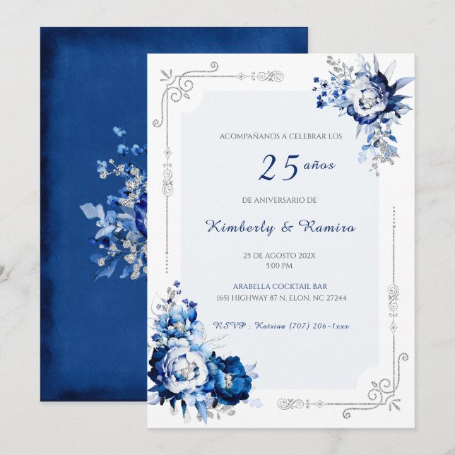 Convite Personalizadas plata 25 años estilo vintage (Frente/Verso)