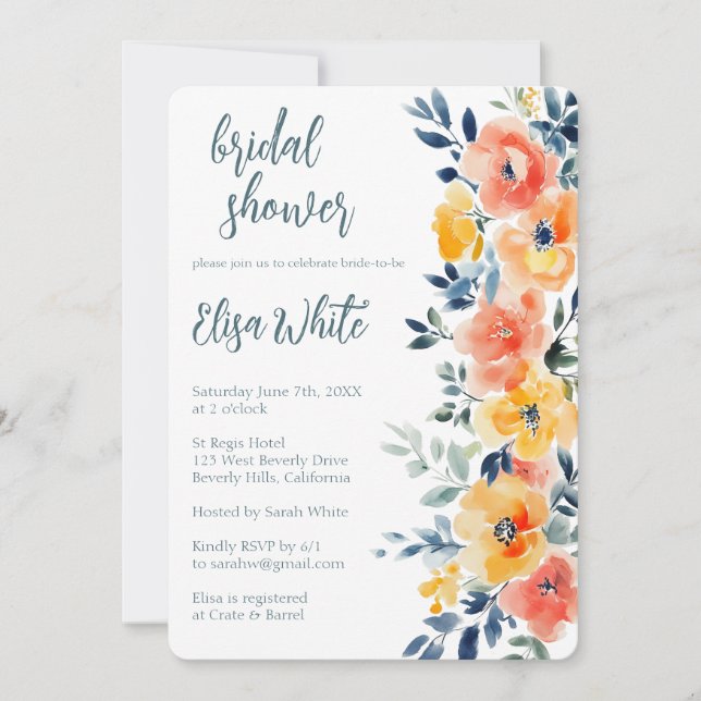 Convite PERSONALIZADO Chá de panela Floral de Aquarela (Frente)