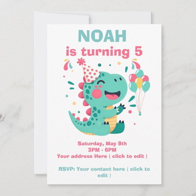 Convite Personalizado de Aniversário de Dinossauro (Frente)