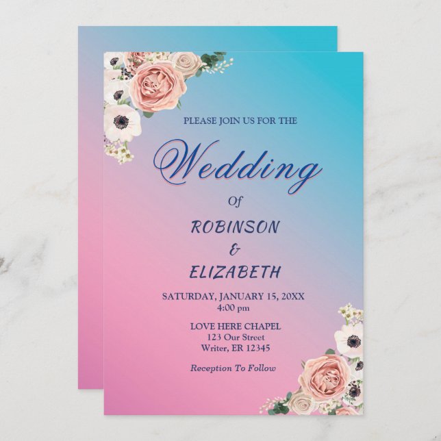 Convite Personalizado De Casamento Da Flora De Cor Azul Co (Frente/Verso)