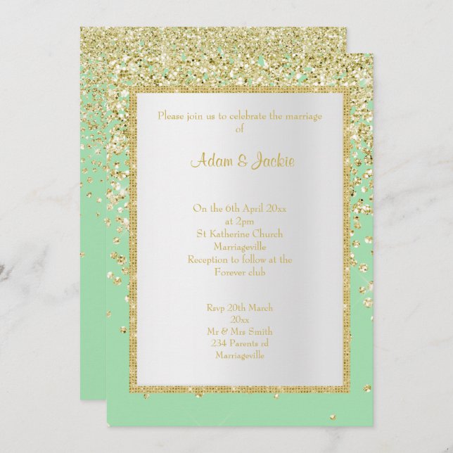 CONVITE PERSONALIZADO DE CASAMENTO DOURADO DE GREEN VERDE  (Frente/Verso)