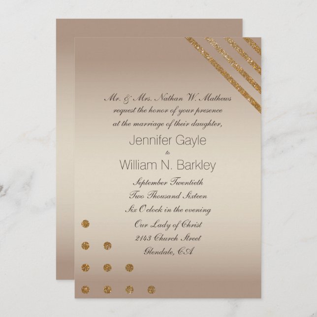 Convite Personalizado de Casamento Dourado e Champ (Frente/Verso)