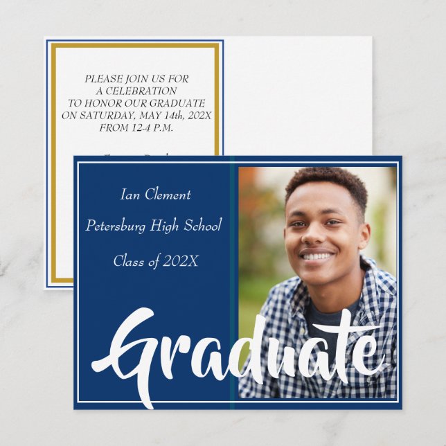 Convite Personalizado de Formatura Foto Blue Gold (Frente/Verso)