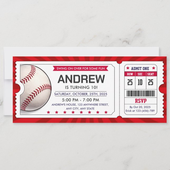 Convite Personalizado de Ingresso de Beisebol (Frente)