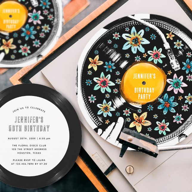 Convite Personalizado de Vinil Floral Retro (Criador carregado)