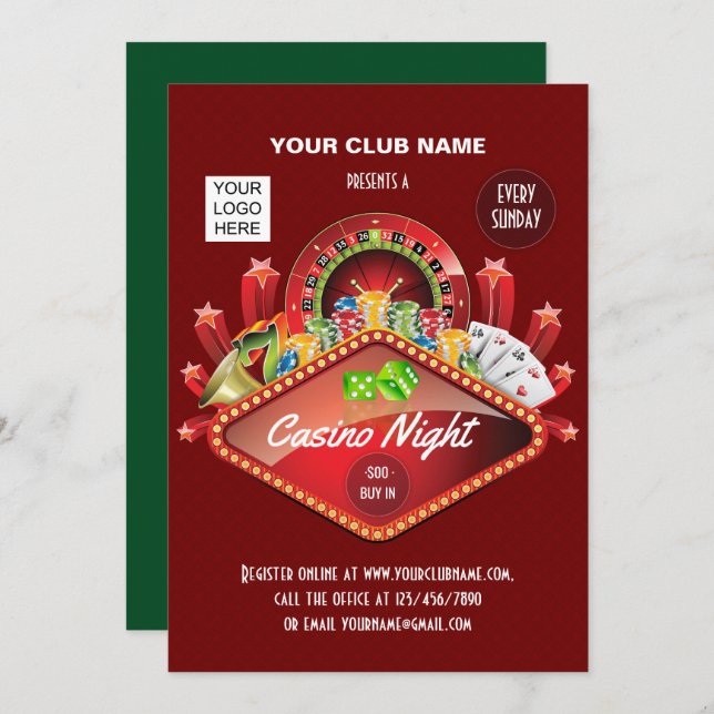 Convite personalizado do Clube Casino Night Party (Frente/Verso)