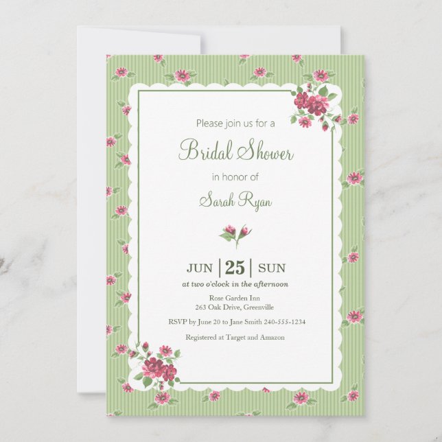 Convite Personalizado Listras Verde Rosa Flores Ro (Frente)