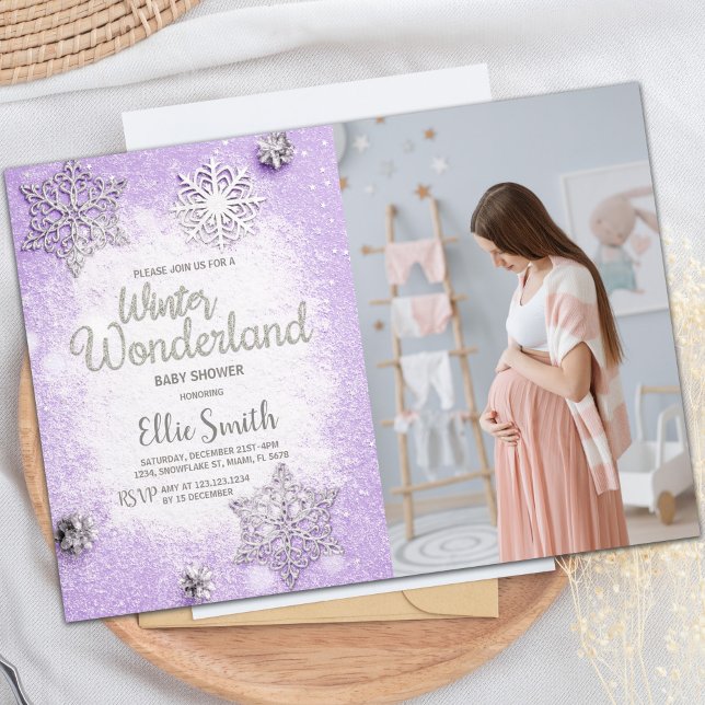 Convite Personalizado para Celebração de Bebê Floc (Purple Winter Baby Shower Invitations with photo)