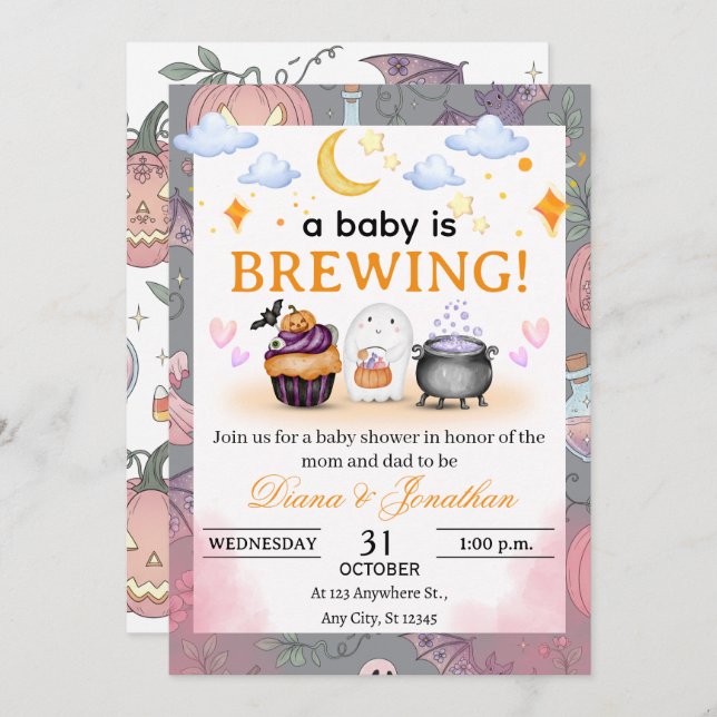 Convite Personalizado para Chá de fraldas Hallowee (Frente/Verso)