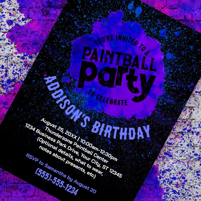 Convite personalizado para Festa de aniversário de (purple paint splatter customizable birthday invite against a paint splattered brick background)