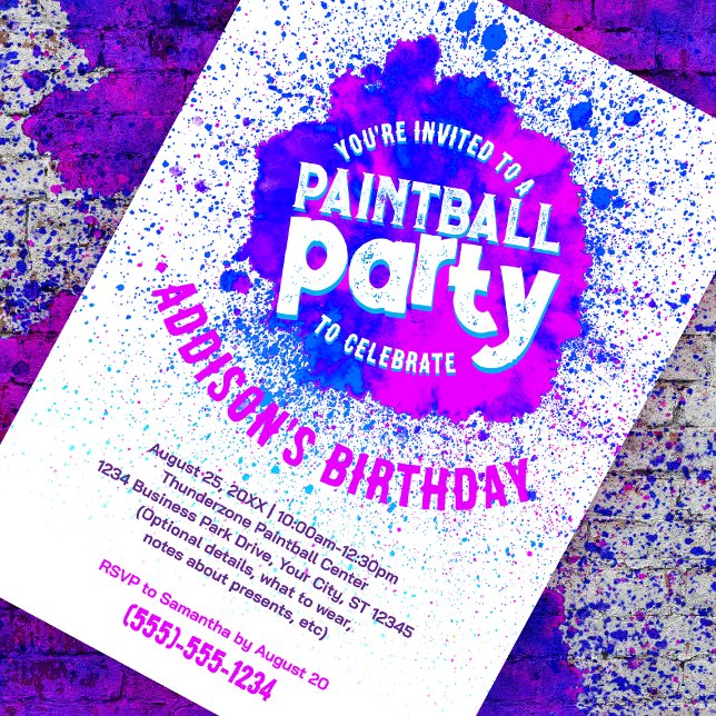 Convite personalizado para Festa de aniversário de (purple paint splatter customizable birthday invite against a paint splattered brick background)