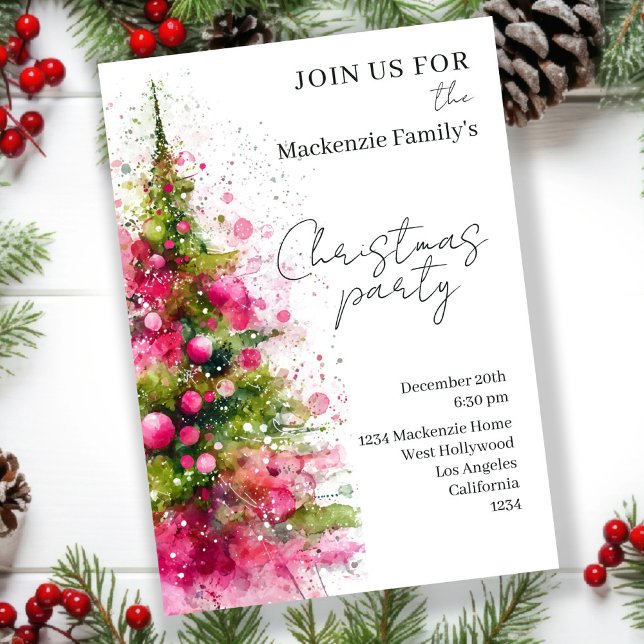 Convite Personalizado para Festa de Natal com Árvo (Pink Christmas Tree Party Personalized Invitations by Ricaso. Bold Pink Modern and Stylish invites)