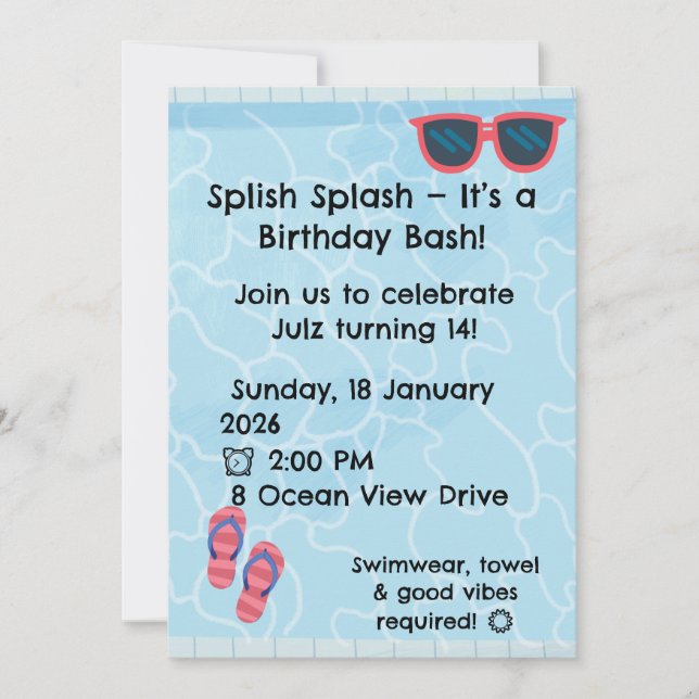 Convite Personalizado para Festa de Piscina para C (Frente)