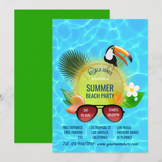 Convite personalizado para festa de verão na praia (Frente/Verso)