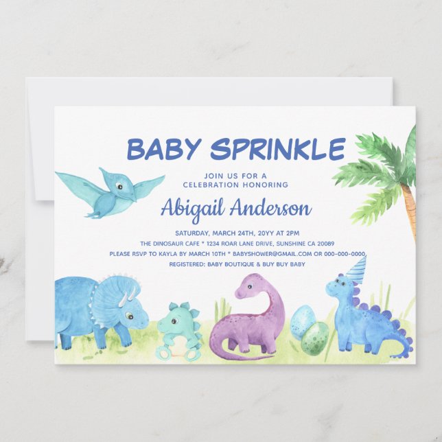 Convite Personalizado Para O Dinossaur Baby Sprink (Frente)