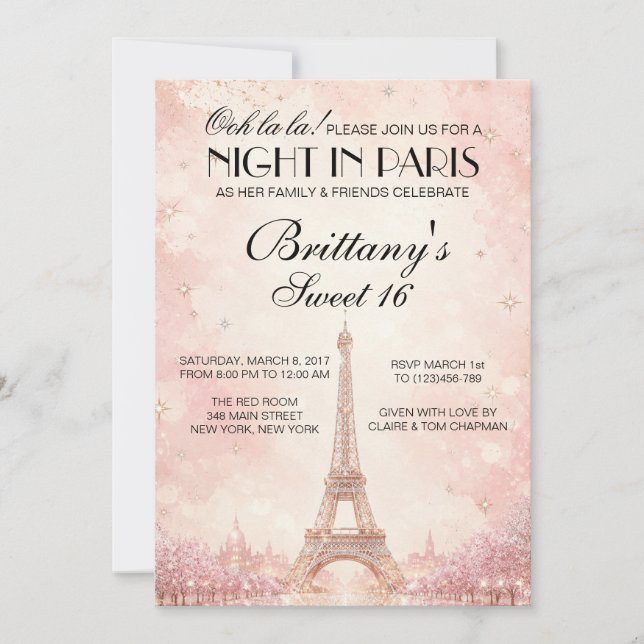 Convite Personalizado para Sweet 16 Noite em Paris (Frente)