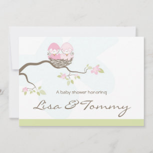 Convite Personalizado - Pássaros Bebês Rosa Gêmeos