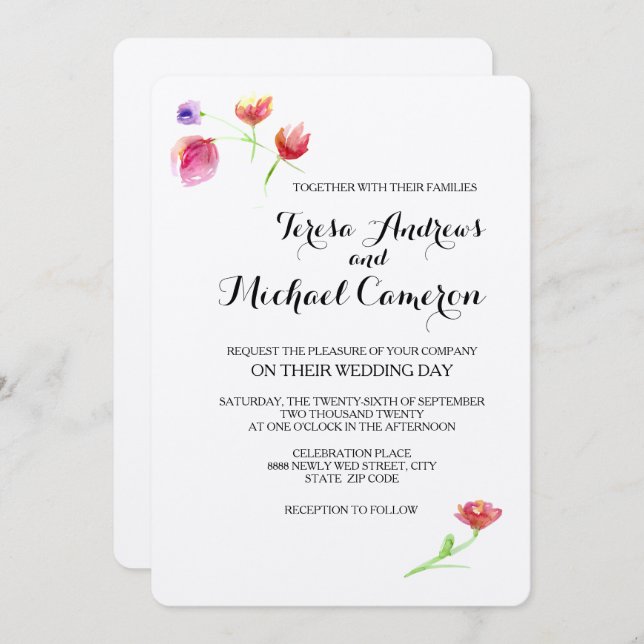 Convite Personalizado, Russo, flor de aquarela, Casamento (Frente/Verso)