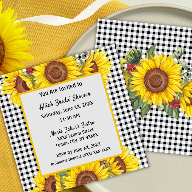 Convite Personalizado Xadrez e Design de Girassóis (Bridal Shower invitation - Sunflowers and Gingham Rustic Country Style)