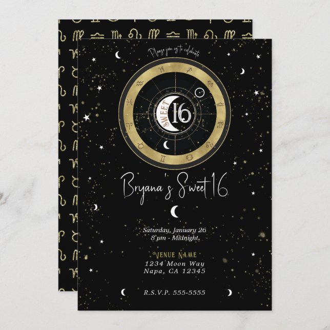 Convite Personalizar Astrologia Sun e Moon Sinal Sweet 16 (Frente/Verso)