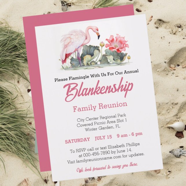 Convite Personalizar evento de arte Flamingo de Reunião da (Front tropical family reunion template with pink back)