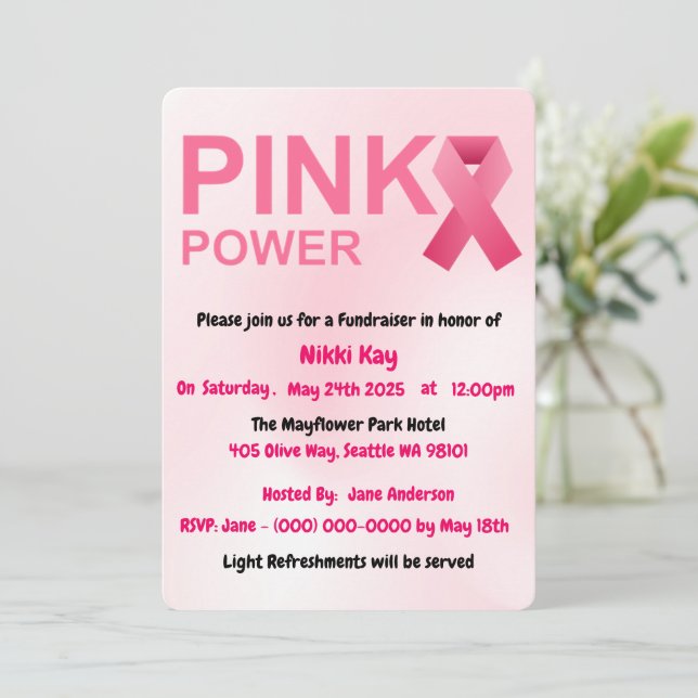 Convite Personalizar Fita Rosa do Grupo do apoio ao cancer (Em pé/Frente)