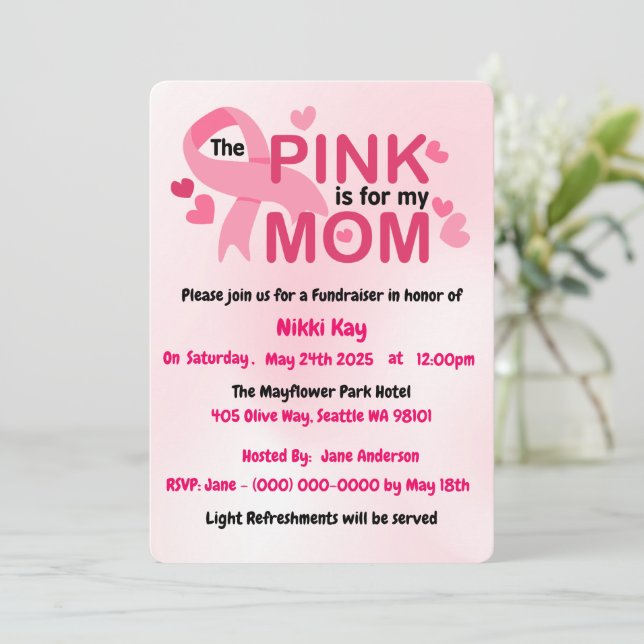 Convite Personalizar Fita Rosa do Grupo do apoio ao cancer (Em pé/Frente)